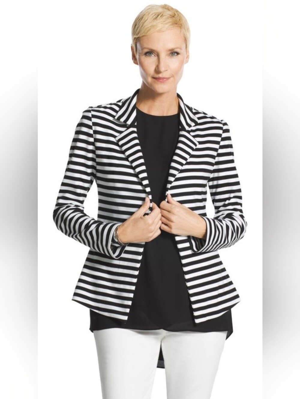 Chico's Black & White Striped Notch-Collar Open Front Blazer Size 1 (Medium)